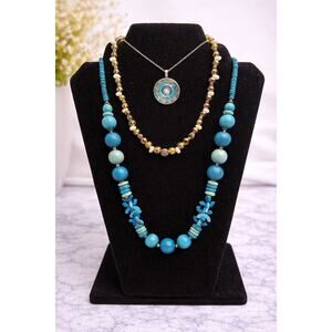 Turquoise Layered Set | Wood Beads + Mandala Pendant + Real Pearls